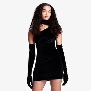 Miscreants Black Velvet Gina One Shoulder Dress w/Gloves. Size 8 (UK 10). NWT